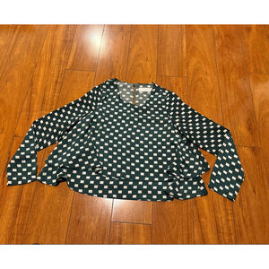 Women's PAISIE Green & White Square Print Tiered Blouse Size 8